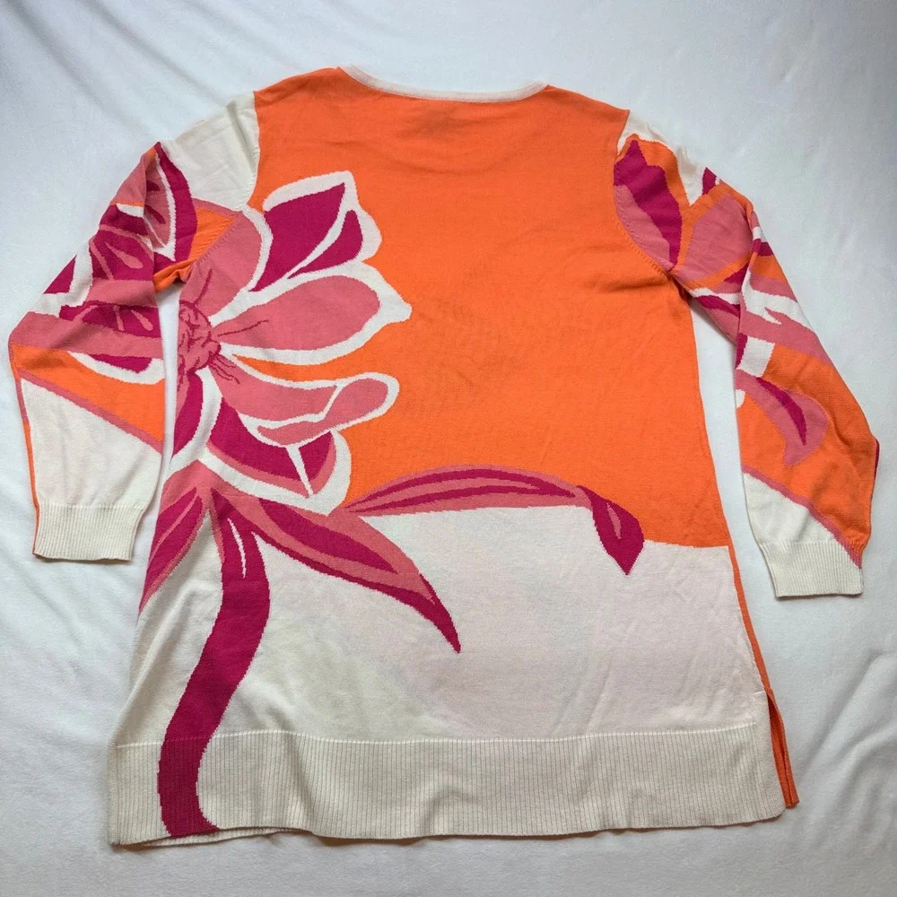 Chicos Orange Pink Floral‎ Intarsia Cotton Lyocell Knit Sweater Top Size 2